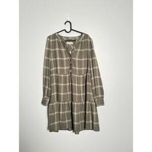 NWT LOFT Washed Olive Green Long-Sleeve Babydoll Plaid Shirt Dress M Boho Casua